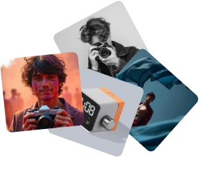 A collage of a man holding a camera.